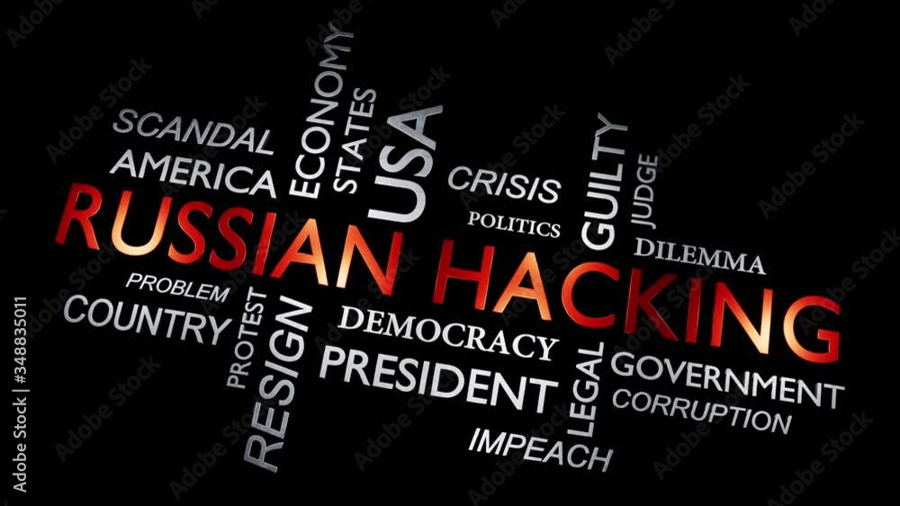 Poster russian hacking wordcloud showing international computer crime - video animation