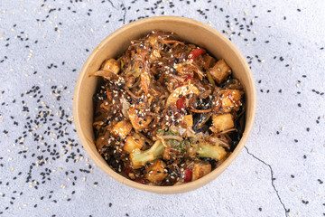 Japanese food: Soba noodles with chicken and vegetables