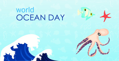 world oceans day, on a blue background with icons of marine life, lettering and waves