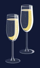 Two glasses of sparkling wine with bubbles. Isolated vector illustration on dark blue background. Good for cards, presentation, invitations or stickers