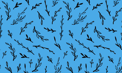 Seamless pattern with hand drawn plant branches. Fabric or textile print template. Floral design element. Spring and summer symbol. Contour otline drawing of simple black twig