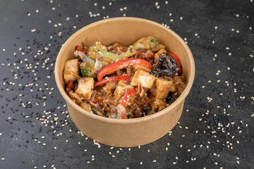 Japanese food: Soba noodles with chicken and vegetables