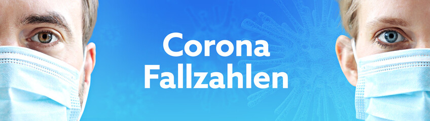 Corona-Fallzahlen. Gesichter von Mann und Frau mit Mundschutz. Paar mit Maske vor blauen Hintergrund mit Text. Virus, Atemmaske, Corona