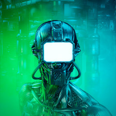 Altered transmission vision / 3D illustration of science fiction humanoid robot with copy space on glowing eye monitor © grandeduc