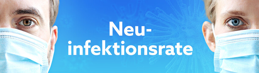 Neuinfektionsrate. Gesichter von Mann und Frau mit Mundschutz. Paar mit Maske vor blauen Hintergrund mit Text. Virus, Atemmaske, Corona
