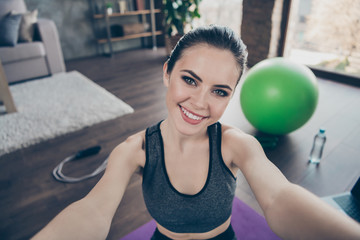 Portrait of positive active energy athletic girl make selfie enjoy practice aerobics yoga endurance...