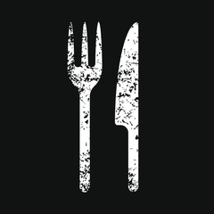 Fork knife icon logo with grunge texture. Scratch and worn out. Simple flat shape restaurant or cafe place sign. Kitchen and diner menu symbol. Vector illustration image.