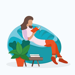 Fototapeta na wymiar Woman character sitting soft bag chair, female read book and study isolated on white, flat vector illustration. Cartoon design concept.