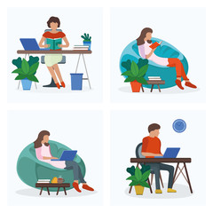 Woman and man sitting workplace table, resting soft bag chair isolated on white, flat vector illustration. Set cartoon design concept.