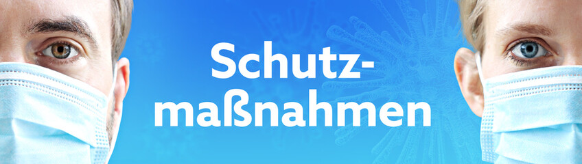 Schutzmaßnahmen. Gesichter von Mann und Frau mit Mundschutz. Paar mit Maske vor blauen Hintergrund mit Text. Virus, Atemmaske, Corona