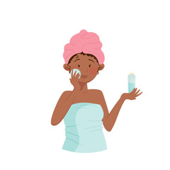 Young Girl with Her Head Wrapped in Towel Applying Cosmetic Facial Lotion with Cotton Pad Vector Illustration