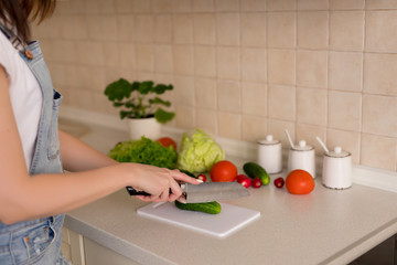 Beautiful young woman is preparing vegetable salad in the kitchen. Healthy lifestyle concept.
