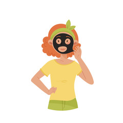Young Girl with Red Hair Applying Cosmetic Facial Mask Vector Illustration