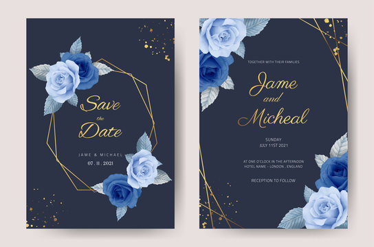 Wedding invitation cards, blue navy roses color, gold frames. Set card template.