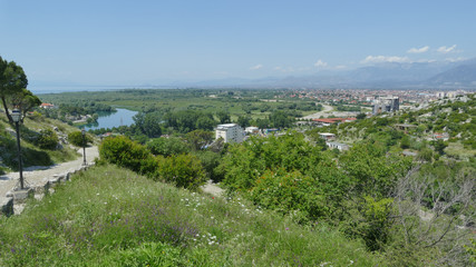 Fototapeta na wymiar Panoramic view from Rozafa Castle over city Shkoder, Albania