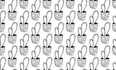 Vector seamless pattern with hand drawn cactus. Green houseplant in the pot. Home interior decoration. Gardening plant