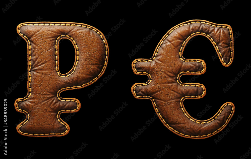 Fototapete set of symbols rouble and euro made of leather. 3d render font with skin texture isolated on black b