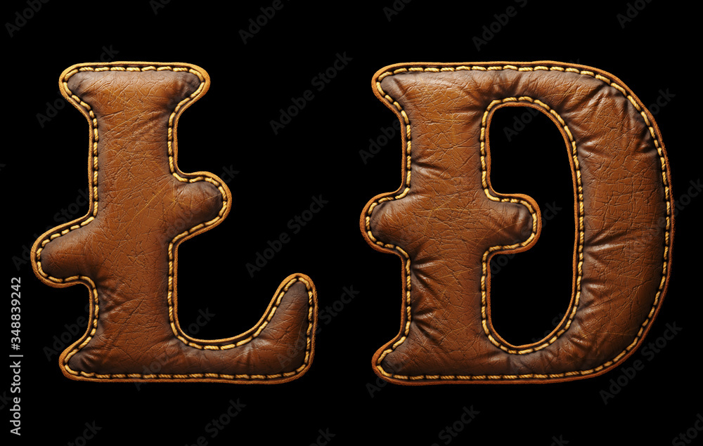 Fototapete set of symbols litecoin and dashcoin made of leather. 3d render font with skin texture isolated on b