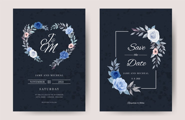 Wedding invitation card. Blue tone rose set, white frame. Flowers painted with watercolor. Crad set template.