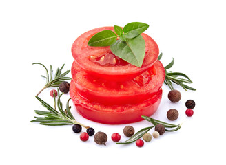 Fresh tomatoes  and basil  leaves with rosemary and pepper isolated on white background. Tomatoes...