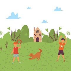 Happy kids play with dog in nature, countryside in summer cartoon vector illustration. Boy and girl jumping on summer meadow, garden and country house in rural landscape. Children on vacation.