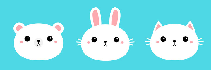 White bear cub rabbit, bunny, cat kitty, kitten round face head icon set. Cartoon funny baby character. Cute kawaii animal. Kids print for poster, t-shirt cloth. Flat design. Blue background.
