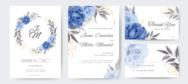 Navy blue rose and peony wedding invitation cards with golden flowers. Template set card.