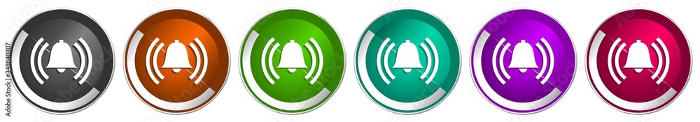Poster Alarm icon set, silver metallic chrome border vector web buttons in 6 colors options for webdesign