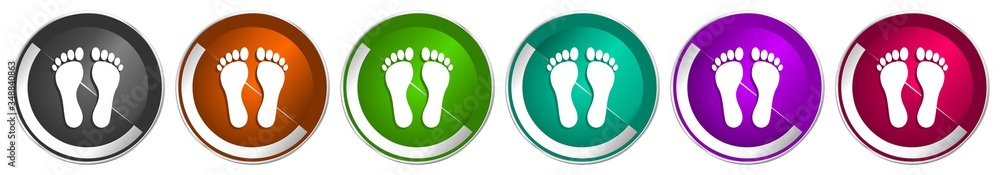 Leinwandbilder foot icon set, silver metallic chrome border vector web buttons in 6 colors options for webdesign