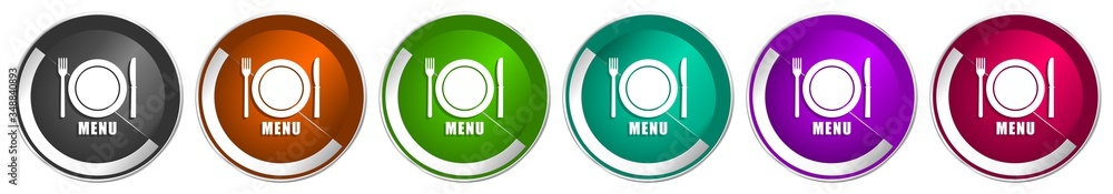 Fototapete Menu icon set, silver metallic chrome border vector web buttons in 6 colors options for webdesign