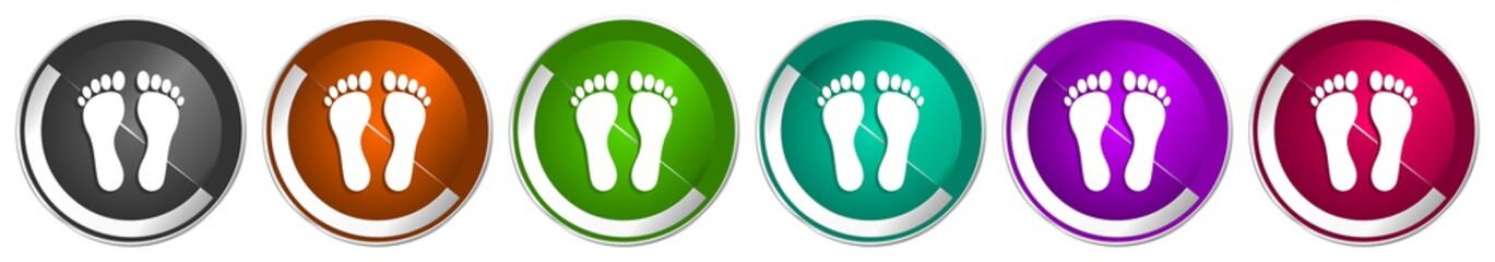 Foot icon set, silver metallic chrome border vector web buttons in 6 colors options for webdesign