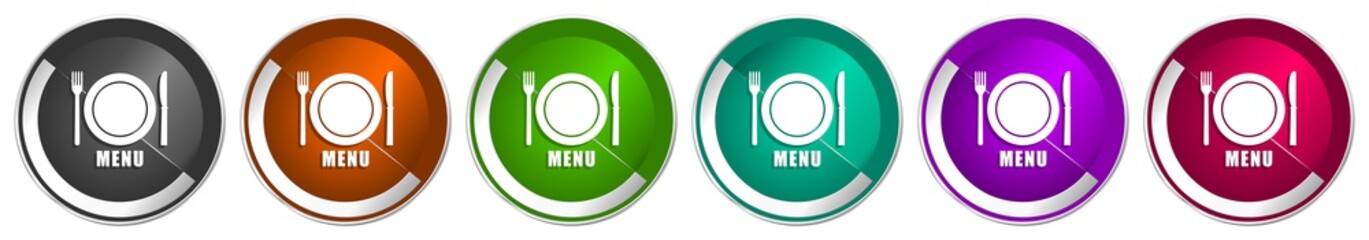 Menu icon set, silver metallic chrome border vector web buttons in 6 colors options for webdesign
