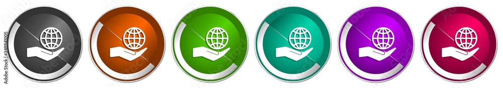 Poster Hand care planet environment icon set, silver metallic chrome border vector web buttons in 6 colors options for webdesign
