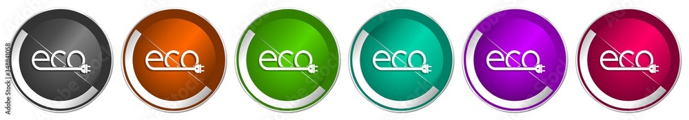 Poster Ecology plug icon set, silver metallic chrome border vector web buttons in 6 colors options for webdesign