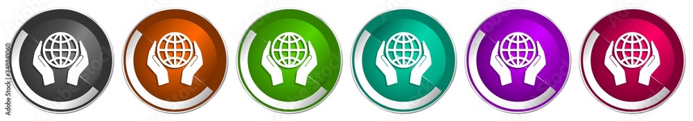 Poster Hand care planet environment icon set, silver metallic chrome border vector web buttons in 6 colors options for webdesign
