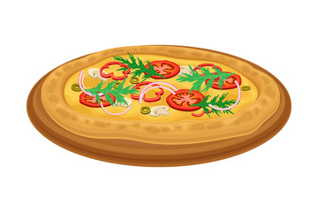 Italian Pizza with Round Flattened Dough Topped with Sliced Tomatoes and Greenery Vector Illustration