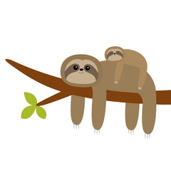 Obraz premium Sloth hanging on tree branch leaf. Cute cartoon kawaii funny lazy character. Mother and baby. Wild joungle animal collection. Kids education. Isolated. White background. Flat design