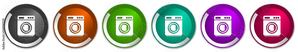 Poster Laundry, machine, washer, icon set, silver metallic chrome border vector web buttons in 6 colors options for webdesign