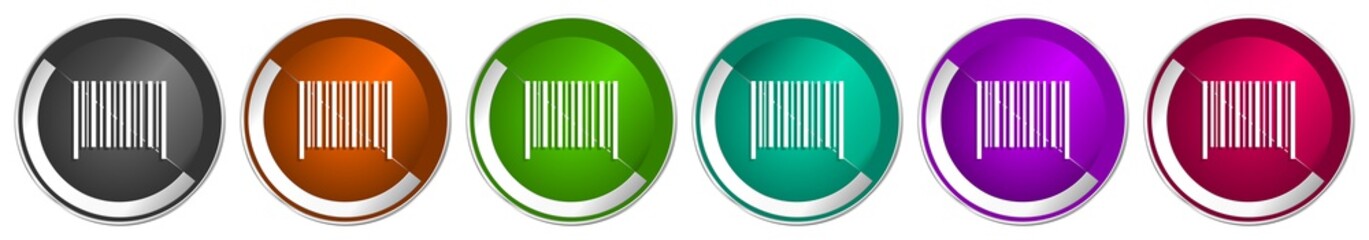 Barcode icon set, silver metallic chrome border vector web buttons in 6 colors options for webdesign