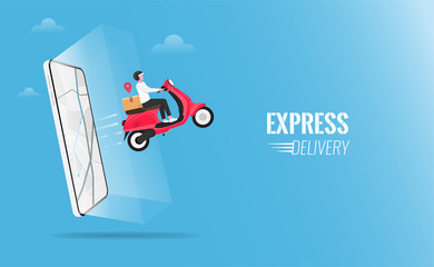 Express delivery design concept. Fast delivery package by scooter on mobile phone. Order package in E-commerce by app. Tracking courier by map application. Vector template illustration