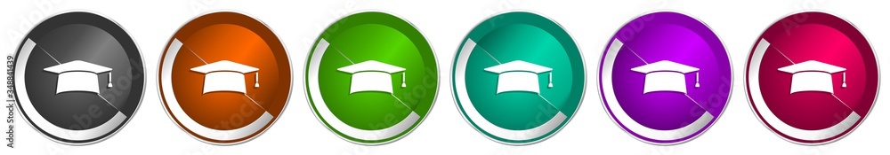 Poster graduation icon set, cap, education silver metallic chrome border vector web buttons in 6 colors opt