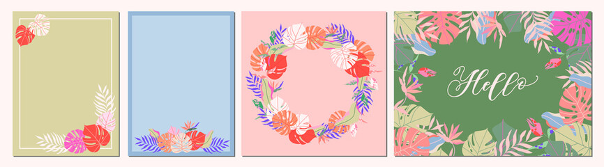 Tropical greeting card set. Modern Hawaiian cards. Exotic branches and flowers. Botanical frames vector illustration collection. Jungle borders, wreaths, and modern calligraphy lettering: I love you.