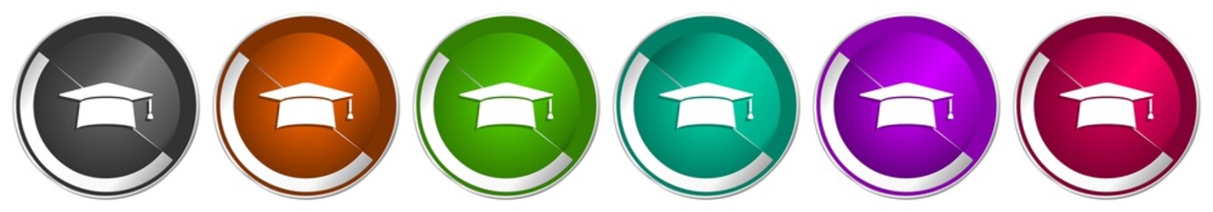 Graduation icon set, cap, education silver metallic chrome border vector web buttons in 6 colors options for webdesign