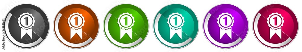 Aufkleber victory icon set, first, winner silver metallic chrome border vector web buttons in 6 colors options