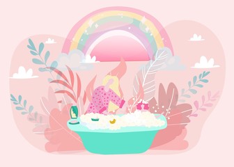 Mom and baby girl bathing, mother bathes and plays with daughter flat vector illustration in magic style, rainbow and fairytale plants. Mothers care for child in bathtube shower, motherhood.