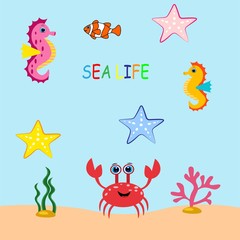 cute sea animals set.cartoon vector illustration. Marine life. 