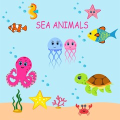 Fototapeta na wymiar cute sea animals set.cartoon vector illustration. Marine life. 