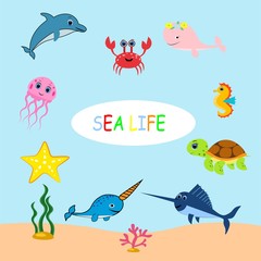cute sea animals set.cartoon vector illustration. Marine life. 