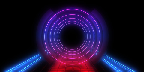 3D abstract background with neon lights. neon tunnel .space construction . 3d illustration