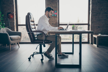 Profile side view of his he nice attractive chic confident focused man qualified IT expert...